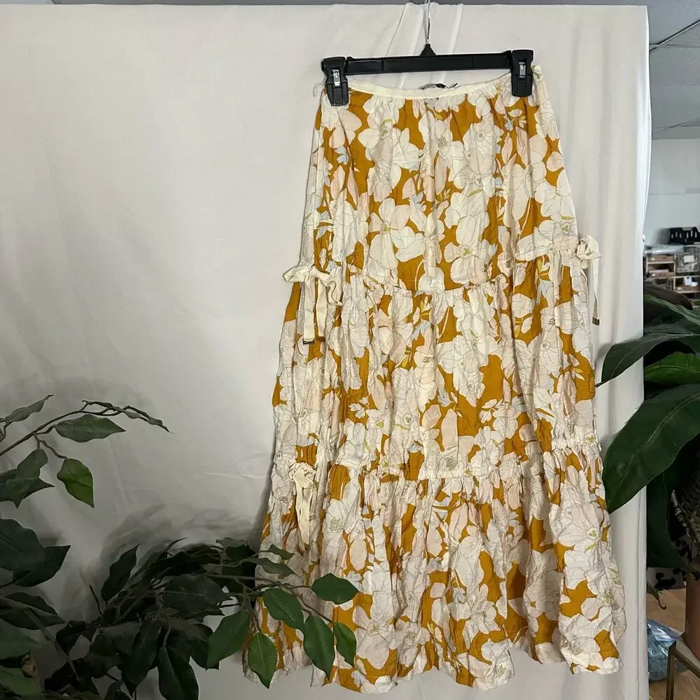 Mon Renn Magnolia Floral Tiered Midi Skirt Yellow Cream Size XS